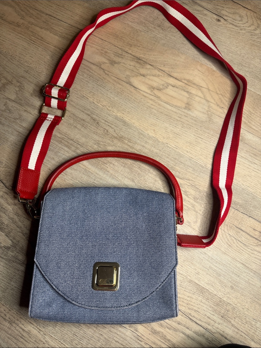 Talbots Denim Crossbody Bag with Red Trim and Stripe Strap